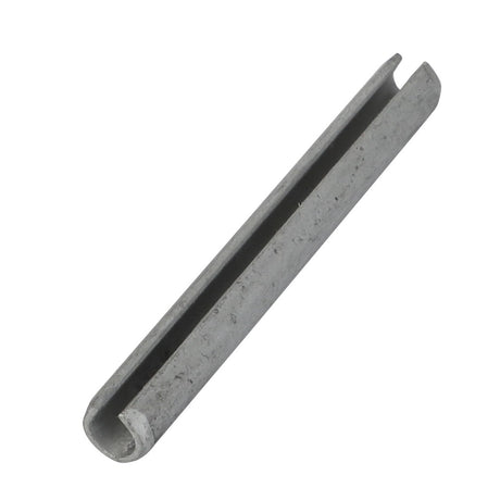 The AGCO Roll Pin - 9-1070-0056-0, a steel dowel pin featuring a slot along its length, is an essential component for fastening or alignment in mechanical assemblies for machines such as Massey Ferguson tractors.