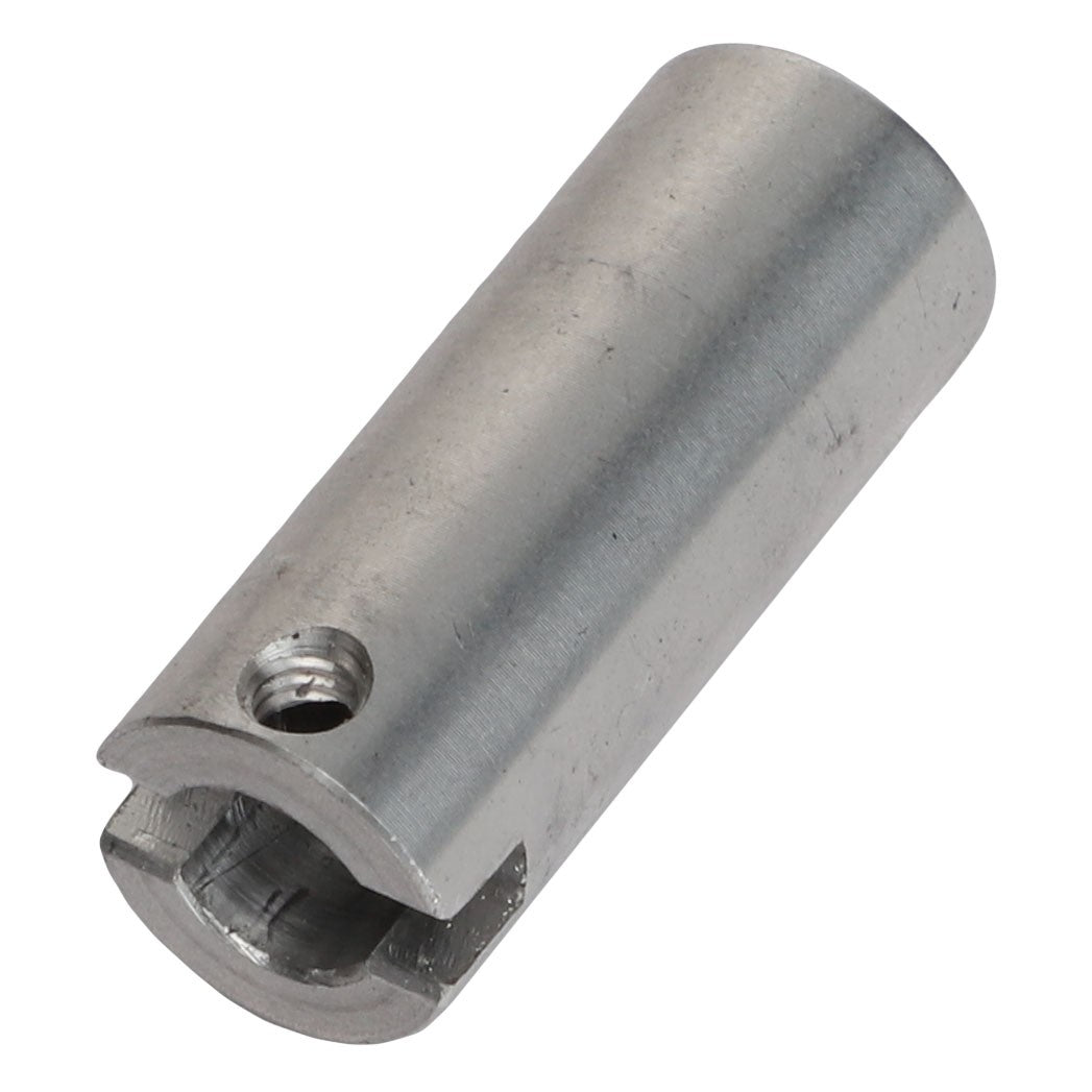 A cylindrical metal connector piece, the AGCO COUPLER - AG716992, features a threaded hole and a grooved end. Note: Additional product description information is currently unavailable.