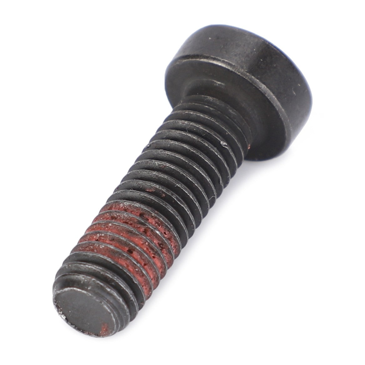 A metal screw, the AGCO | Countersunk, Socket Head Capscrew - 4302670M1, with a flat head and threaded body partially coated in a reddish substance, isolated on a white background, reminiscent of components found in Massey Ferguson machinery.