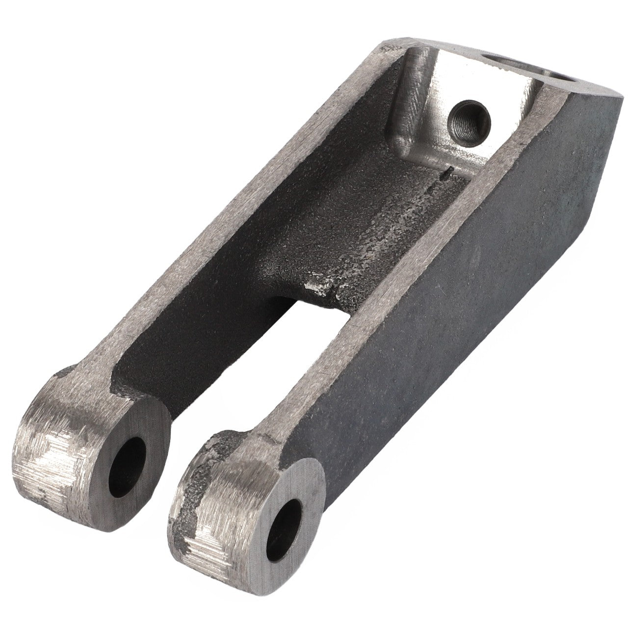 The AGCO | Conrod - 3580114M1 is a machined metal part with a hollowed-out center and two pronged ends featuring circular holes, compatible with Massey Ferguson Models.