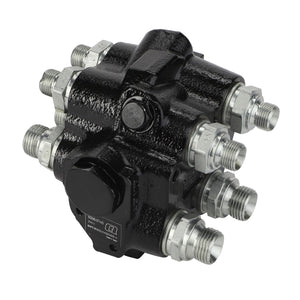 The AGCO Valve Block - Acp0437370, featuring a black hydraulic control mechanism with multiple metal connectors and a central black knob, enhances your system performance and ensures reliability with every use. Quality you can trust from AGCO.