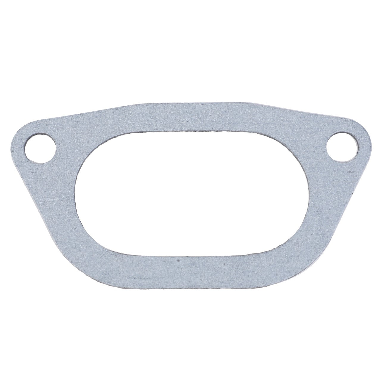 Introducing the AGCO | Gasket - 4222917M1 by AGCO, a flat, oval-shaped metal gasket featuring two symmetrical circular holes on either side, specifically designed for use in both 2WD and 4WD Massey Ferguson models.