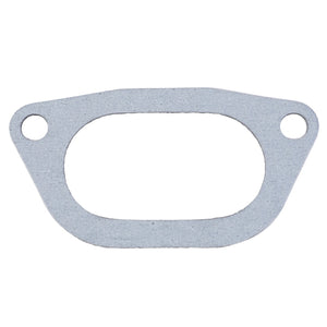 Introducing the AGCO | Gasket - 4222917M1 by AGCO, a flat, oval-shaped metal gasket featuring two symmetrical circular holes on either side, specifically designed for use in both 2WD and 4WD Massey Ferguson models.