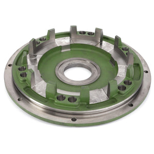 The AGCO | Cover - 3799239M1 is a green and silver circular mechanical component, meticulously machined with multiple evenly spaced protrusions and holes, designed specifically for Massey Ferguson Models.