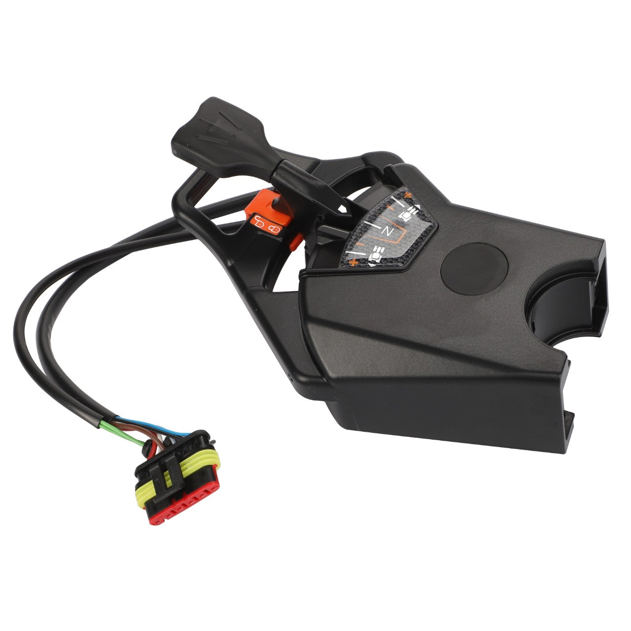 Image of the AGCO Forward/Reverse Shuttle Lever - Acx2818370, a black automotive electronic component featuring a plastic housing with a lever, multiple wires, and a multi-colored connector.