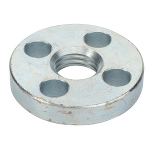 Product Description: The AGCO | SHIM - V30602110 is a metal circular flange featuring a central threaded hole and four evenly spaced smaller holes around it.