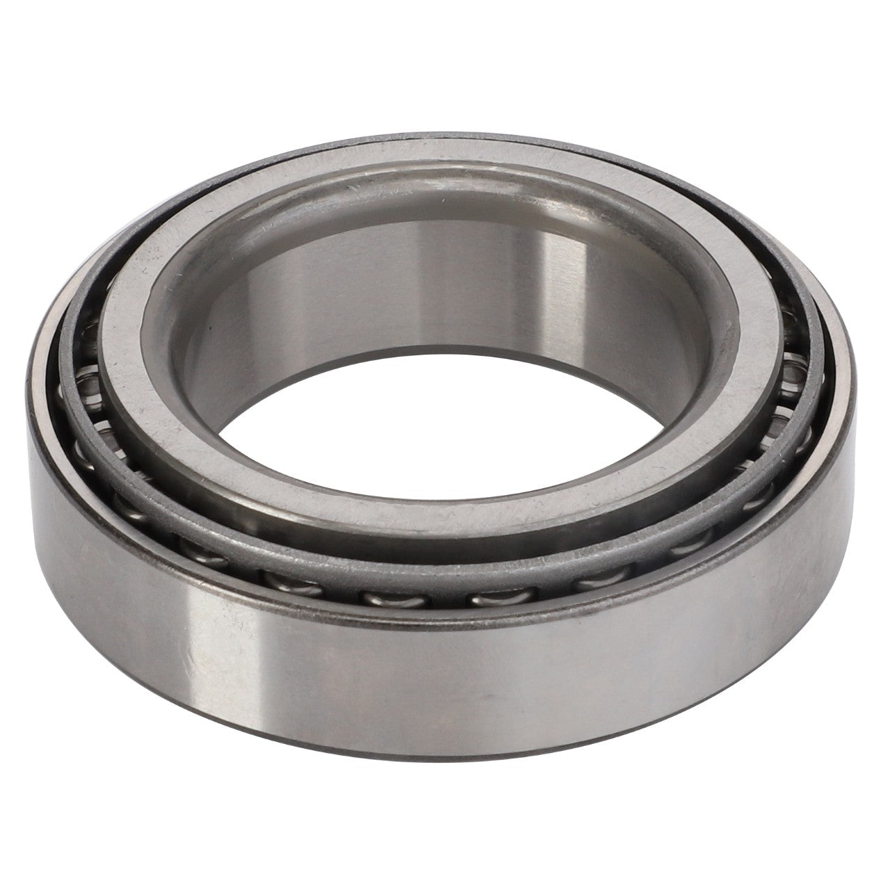 The AGCO Tapered Roller Bearing, Rear Axle - D41662700 is a precisely engineered cylindrical component featuring inner and outer rings designed to minimize friction in mechanical systems while effectively managing thrust loads.