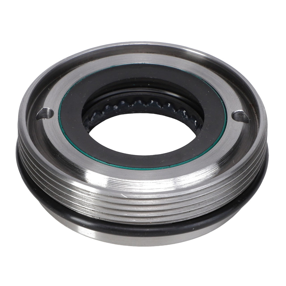 Close-up of an AGCO | RETAINER - AG334418 mechanical seal, featuring a threaded metal outer surface and an inner black rubber ring. No current product description information is available.