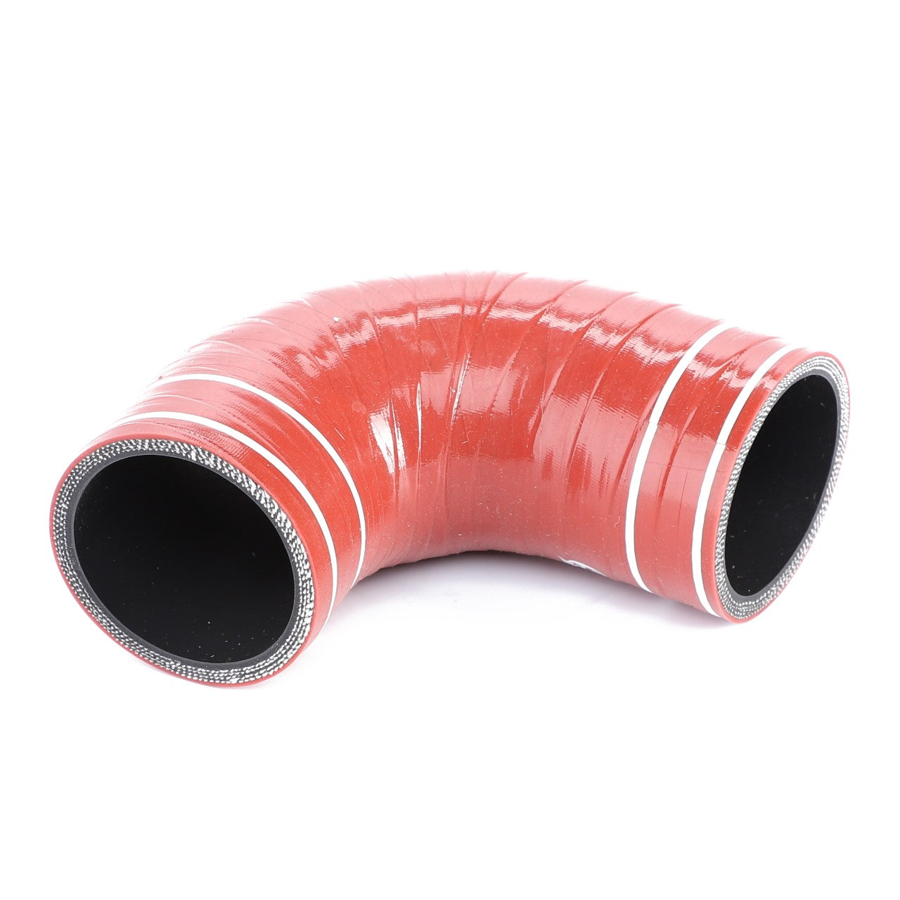 An AGCO flexible pipe elbow connector (model 4282245M1), featuring a red exterior with a black interior, crafted from high-quality materials specifically for engine compartments.