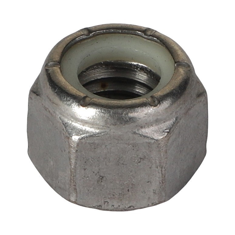 A detailed image of the AGCO HEX NUT - AG133594, a hexagonal metal lock nut featuring a nylon insert. Currently, there is no additional product description information available.