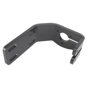 The AGCO | BRACKET - AL10360032 is a black metal bracket featuring multiple slots and a circular cutout, specifically designed for mounting purposes.