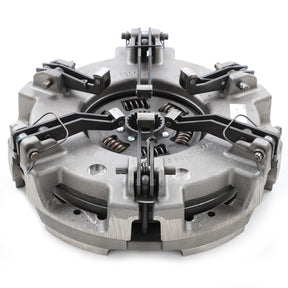 Close-up of the AGCO Double Clutch (V82224610) for an automotive transmission, featuring a round structure with lever arms, springs, and a central hub gear. This detailed mechanical clutch is similar in design to those found in Genuine AGCO Parts for tractors.