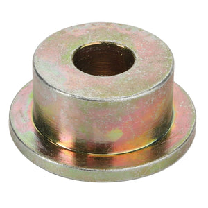 The AGCO Flanged Bushing - D28281777 is a cylindrical metal spacer with a central hole and a flat base. It appears to be made of steel and features a reflective, slightly tarnished surface, closely resembling the design of a flange bushing.