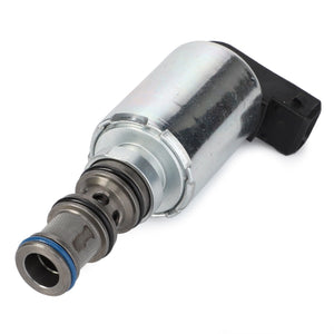 The AGCO Solenoid Valve - G339150600060 features a metallic body with a cylindrical design, black connector, and mesh filter at the tip, all crafted with high-quality materials for durability.