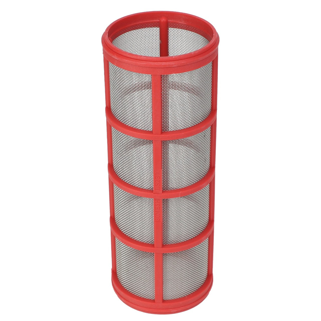 A Screen - Ag000947 cylindrical metal mesh filter with a vibrant red plastic frame from AGCO.