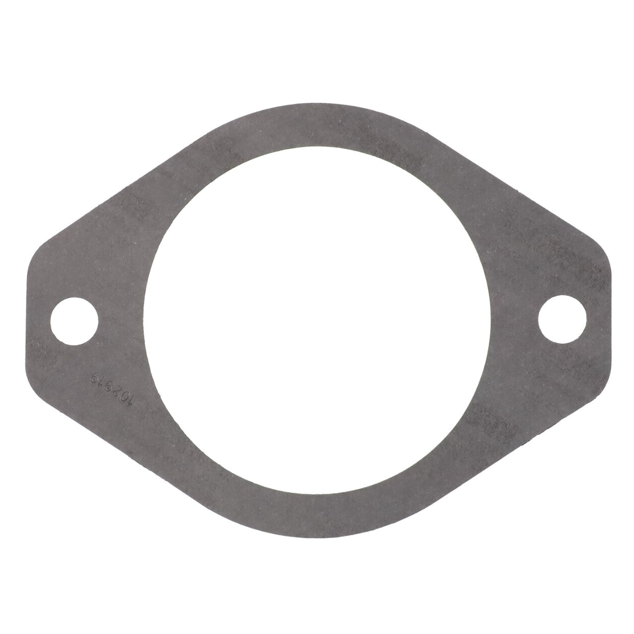 AGCO | GASKET - AG716386 is a flat, oval-shaped metal gasket featuring a large central hole and two smaller holes on either side for mounting.