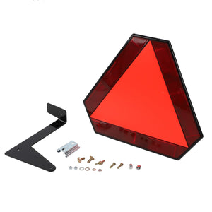 A red triangular warning reflector from AGCO's Work Light Kit (Model: Acw014176A) with a black mounting bracket and an assortment of screws and bolts laid out on a white background. No current product description available for this product.