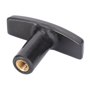 A black T-shaped handle with a threaded brass insert at the bottom, designed for Genuine Controls and Levers in AGCO Parts, identified as the AGCO Handle, Trailer Coupling - V30373600.