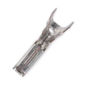 A close-up of the AGCO SOCKET - D44900811, a metal crimp terminal connector with a forked end, used for electrical wiring applications. Please note that no current product description information is available.