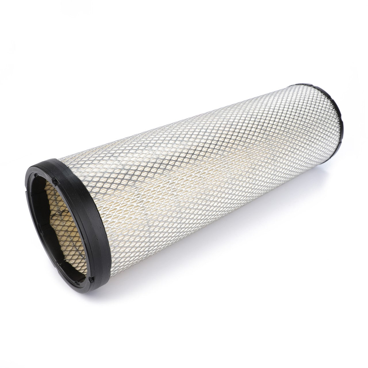 An AGCO Engine Air Filter Cartridge (D46483900) featuring a cylindrical shape, wire mesh exterior, and black plastic ends, positioned on a white background. Known for its high filtration efficiency and designed to prolong service life.