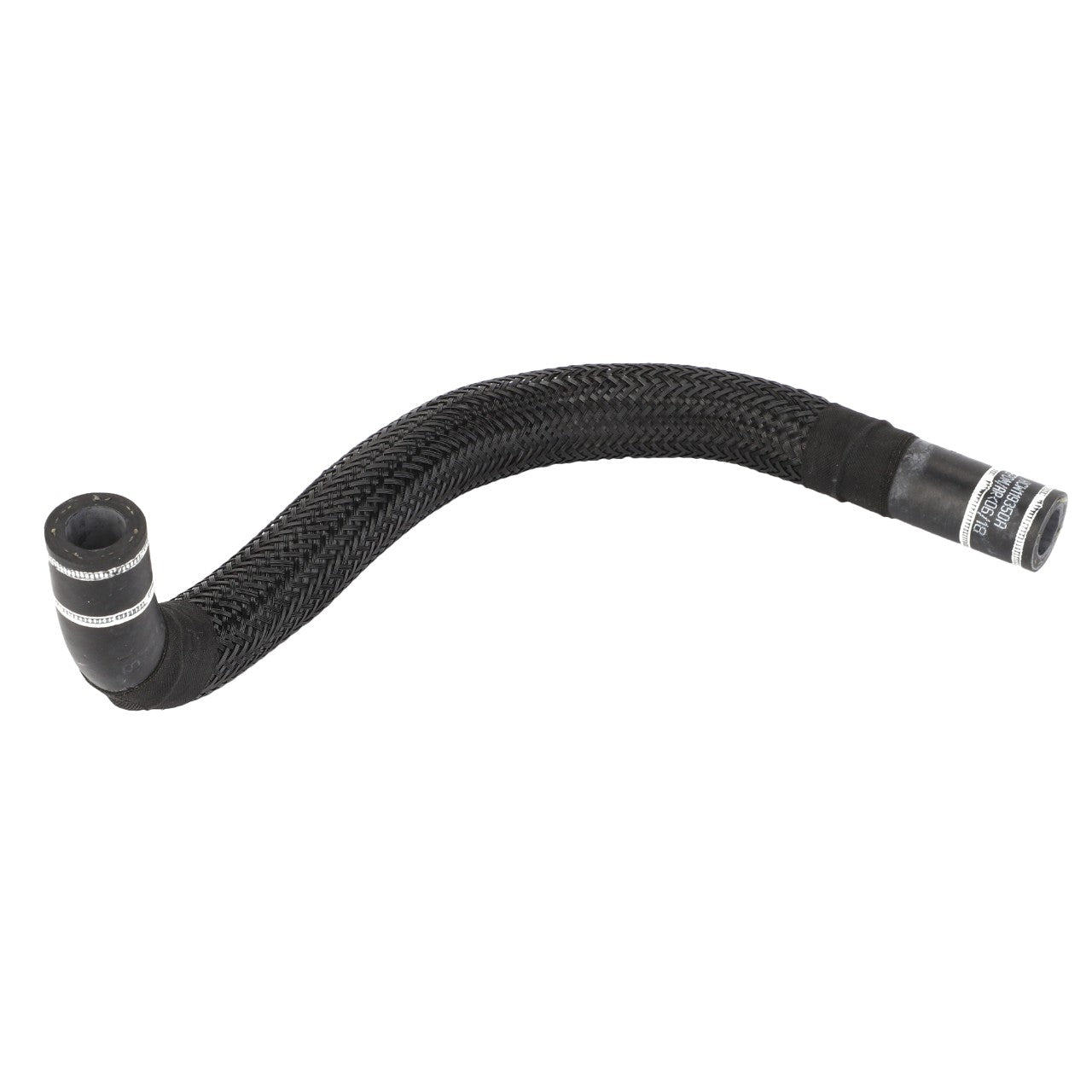 The AGCO | Hose - Acw119350A, a black flexible braided hose featuring metal fittings on both ends, is depicted against a plain white background. No additional product description information is available at this moment.