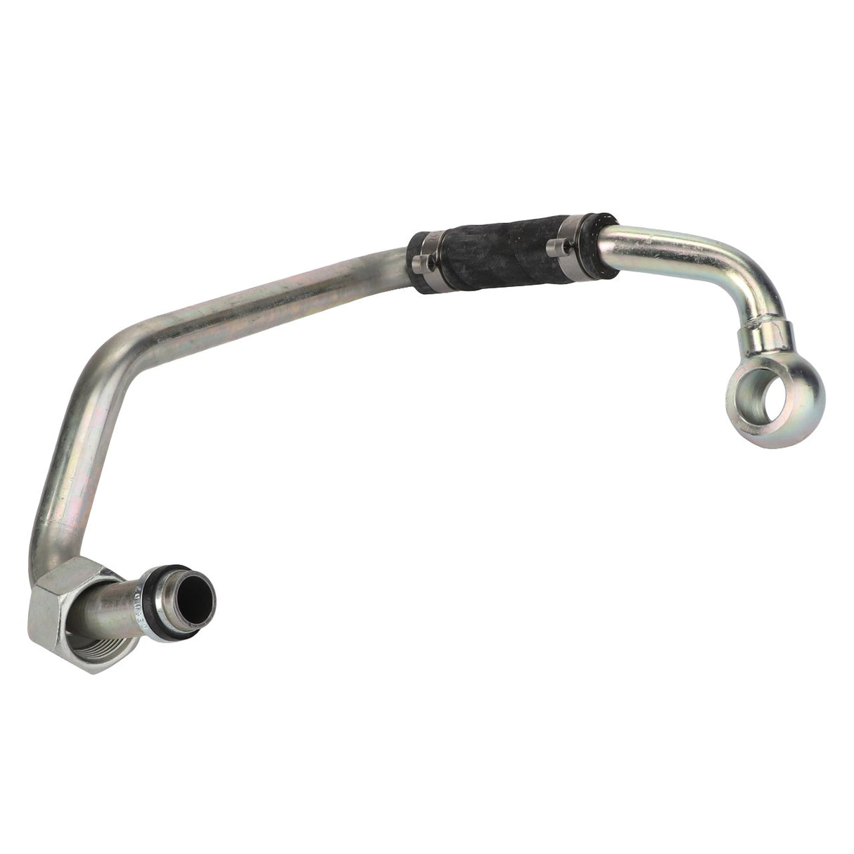 The AGCO Tube - Acw0210920 is a metal automotive component with a bent tubular structure, featuring a rubber segment and two connection points at each end.