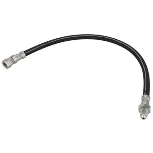 The AGCO Brake Hose - Acw1747950 is a flexible black hose with metal fittings on both ends, ideal for plumbing or mechanical connections.