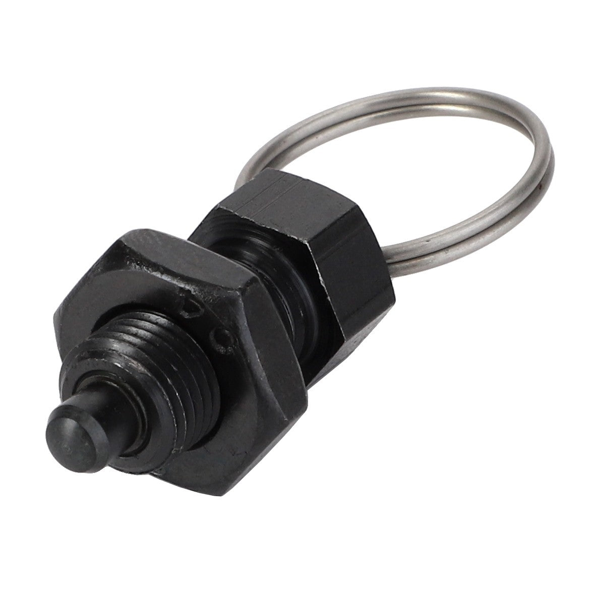 The AGCO Latch - Acw0056000 is a compact, black, hexagonal bolt featuring a protruding button and an attached metal loop on one end.