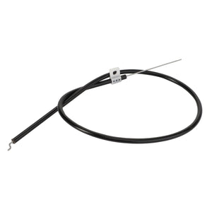 The Bowden Cable, AC Control Panel - ACP0418690 by AGCO is a sleek, black cylindrical cable with a metallic tip and a small white plastic clip elegantly attached along its length.