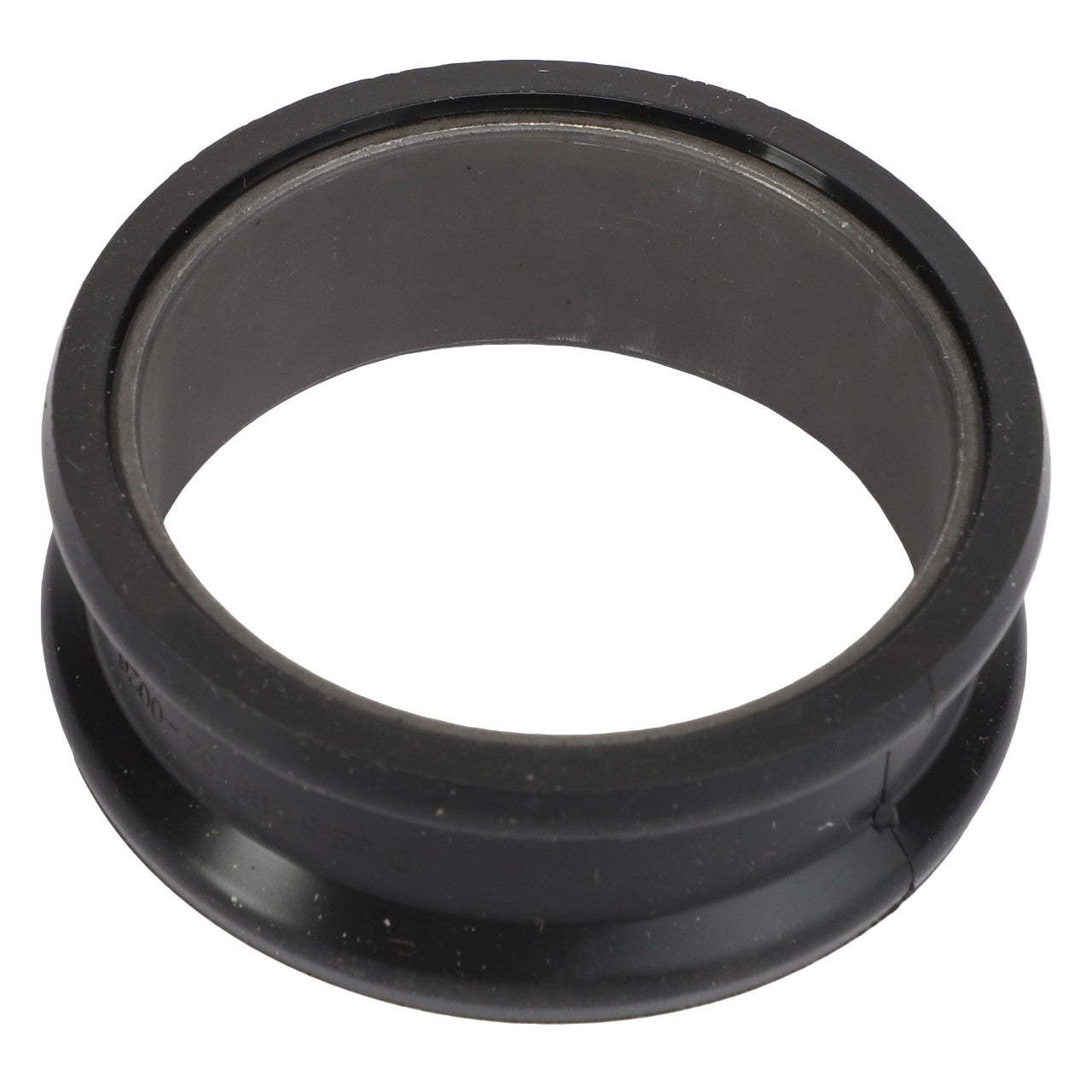 The AGCO Extension Tube - F530200050550 is a black rubber ring featuring a smooth inner surface and a slight outward flange on one side, making it ideal for creating watertight seals.