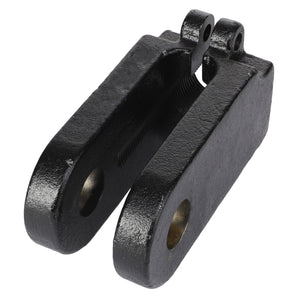 The AGCO | CYLINDER CLEVIS - AG238257, produced by AGCO, is a black metal yoke component with two parallel arms, each featuring a circular hole and a threaded interior section.