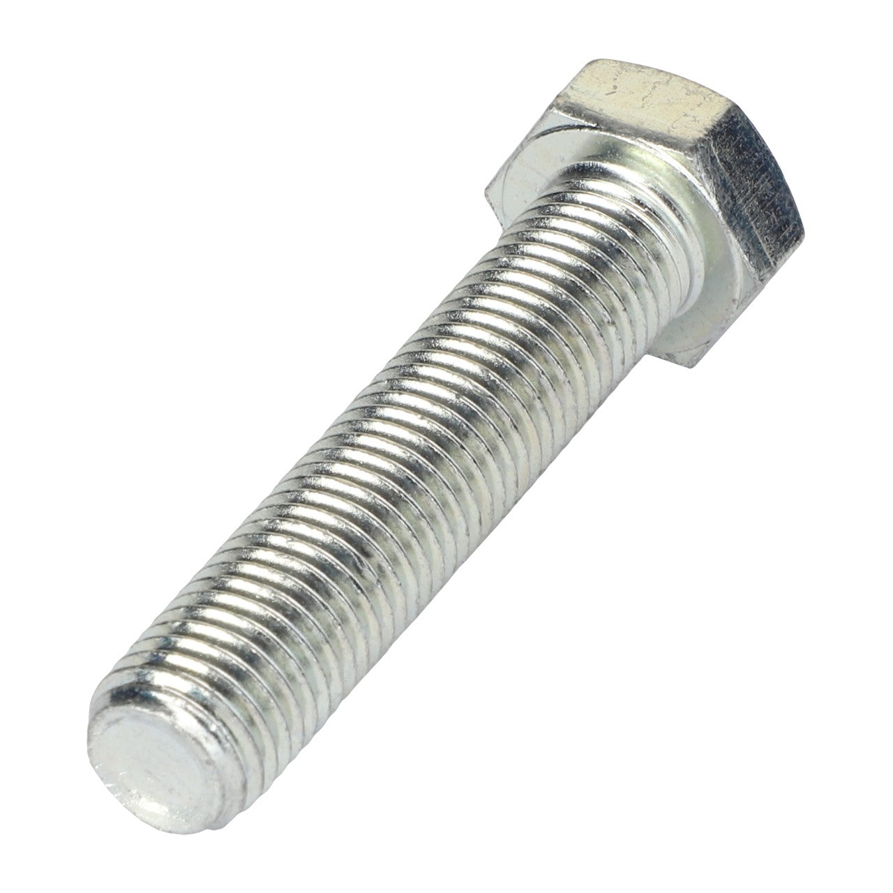 Close-up of the AGCO HEXAGONAL HEAD BOLT - 0901-22-58-00, featuring a shiny, silver threaded shaft and a six-sided head, elegantly placed on a pristine white background.