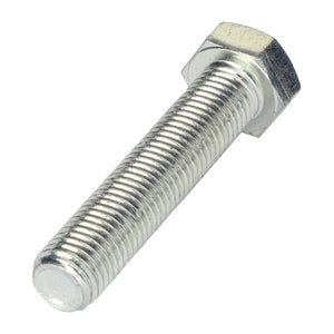 Close-up of the AGCO HEXAGONAL HEAD BOLT - 0901-22-58-00, featuring a shiny, silver threaded shaft and a six-sided head, elegantly placed on a pristine white background.