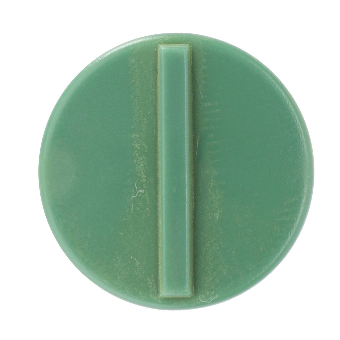 A green round button from the AGCO brand, with a single raised vertical line in the center, reminiscent of controls found on Valtra models (Product Name: AGCO | Padding - 4389711M1).