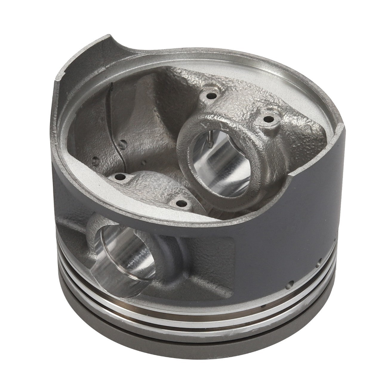 A close-up of the AGCO | PISTON - ATV3402-265 metal engine piston with precise detailing, featuring polished internal surfaces and piston rings around the bottom edge. Please note that no current product description information is available.