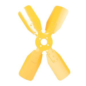 The AGCO Fan Blade, model number 3808703M1, features four yellow blades and a central circular attachment point. It is ideal for use with tractor radiators and is pictured against a white background.