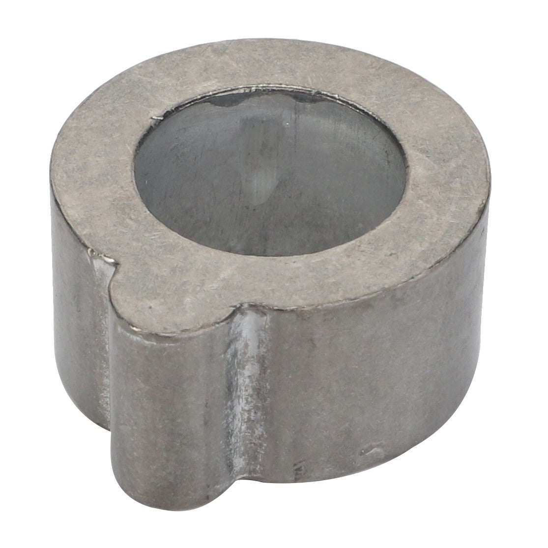 The AGCO Centering Ring - F205200710040 is a cylindrical metal component featuring a hollow center and a small notch on one side. No current product description available for this item.