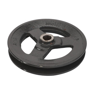 The AGCO Pulley - La300110159 is a black metal wheel with three spokes and a central circular hole, featuring a smooth outer edge. Further product details are unavailable at this time.