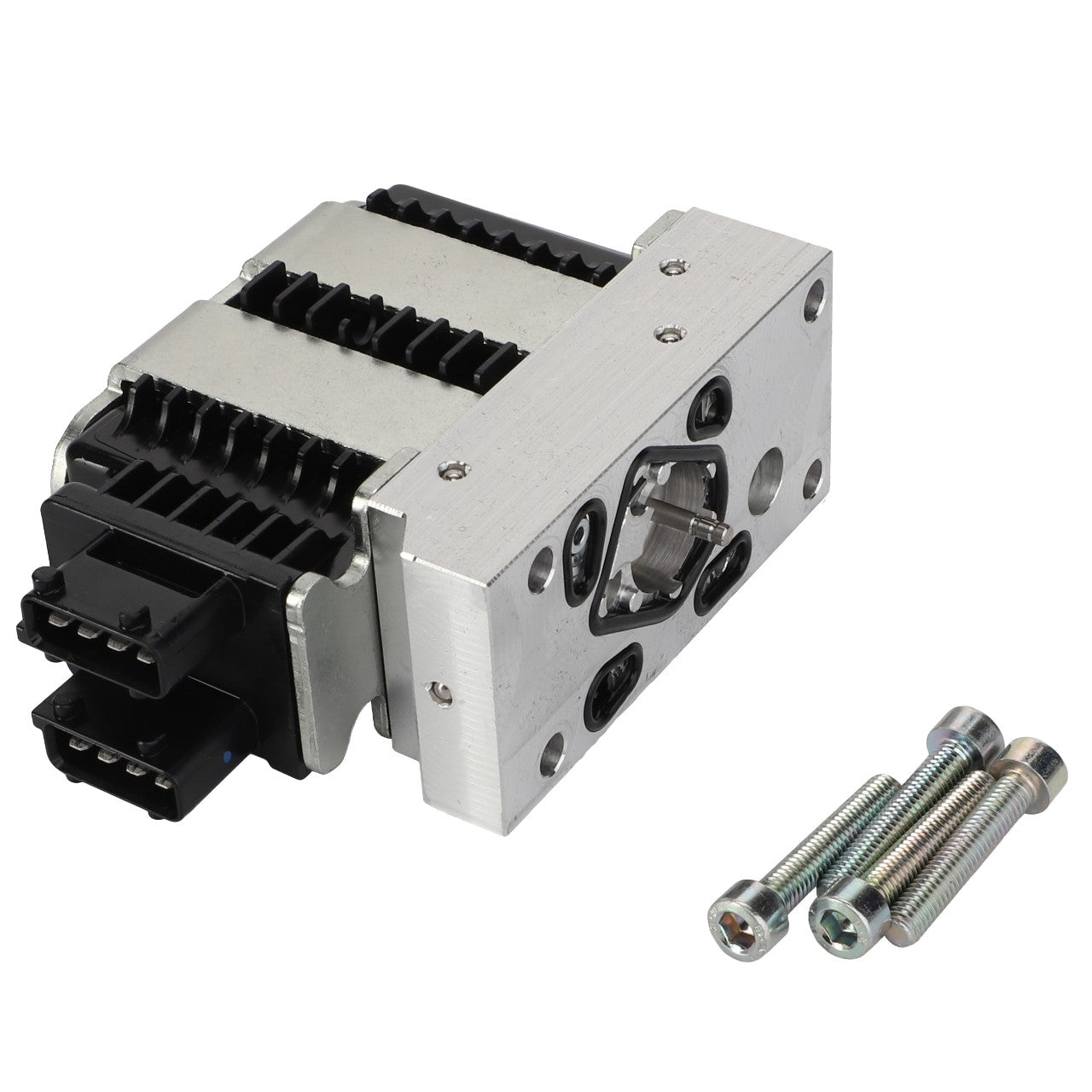 The AGCO | Electronic Control Unit - Acp0562060, a metal electronic component featuring a connector and three extension wires with bolts placed next to it, is commonly used in the electronic control units of agricultural machinery.