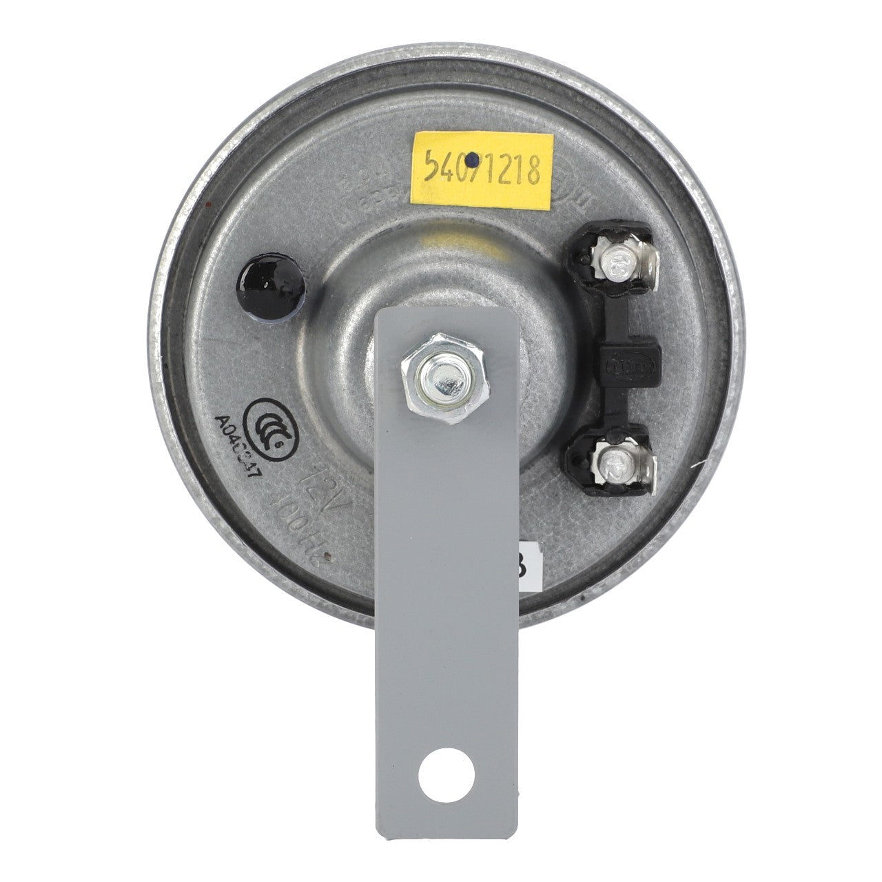 An AGCO Horn - F238900020043 is a circular metal industrial part featuring a mounting bracket and two electrical connectors. The top is marked with a yellow label displaying the number "34971218." No current product description is available.