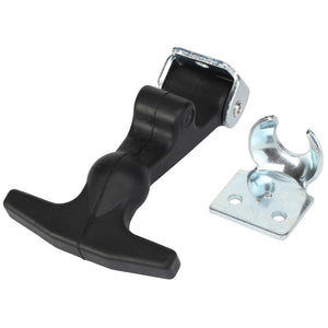 The AGCO LATCH - CH118-0772 in black, complete with a metal catch bracket, showcased against a white backdrop. Product description information is currently unavailable.