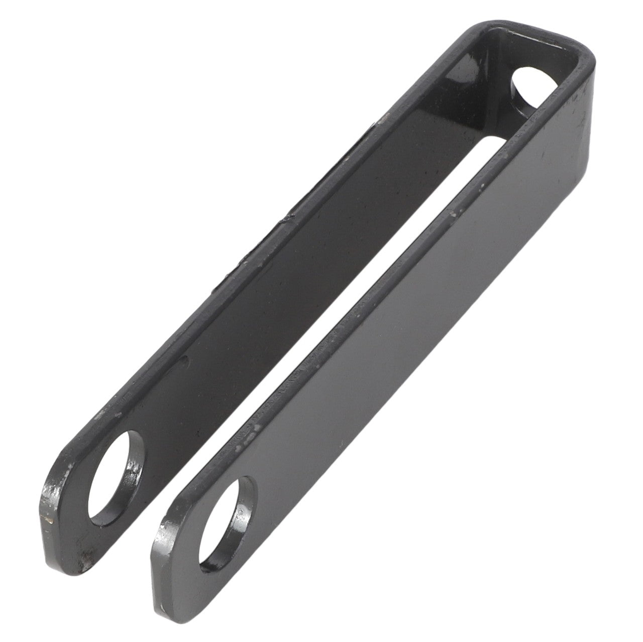 The AGCO | SPRING - E69277, produced by AGCO, is a black metal bracket featuring two holes at one end and an open slot at the other end, designed for mounting or connecting parts.