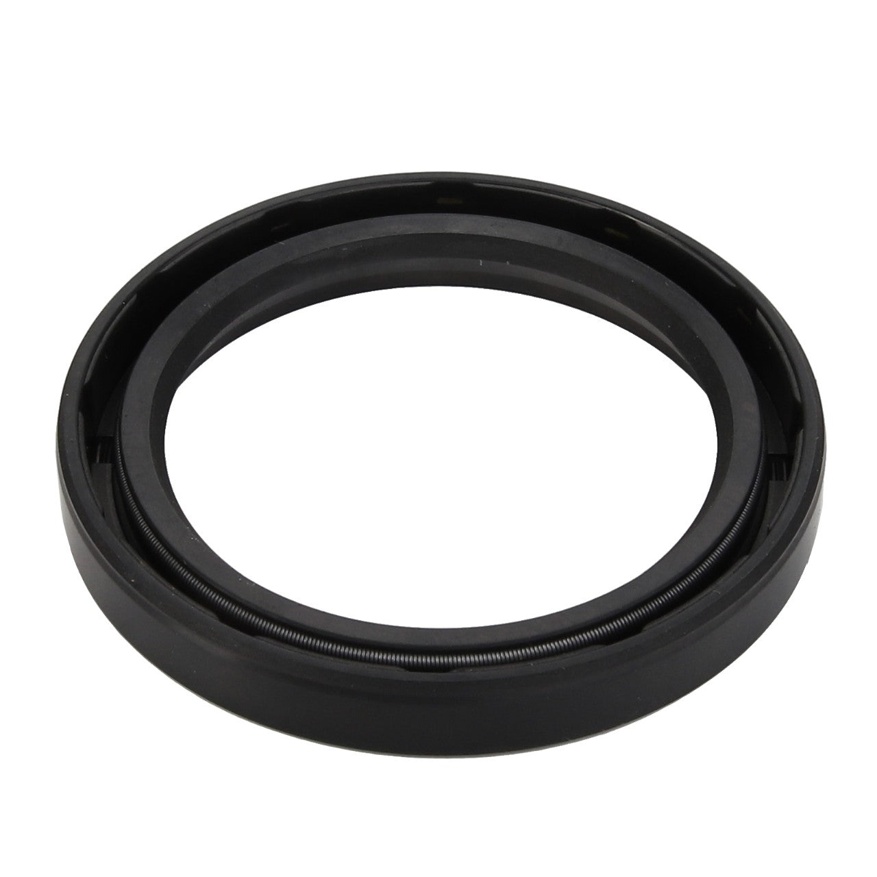 The AGCO | Oil Seal - Acp0368830 by AGCO features a black rubber construction with a circular design and an inner metal spring, engineered to prevent oil leakage in mechanical systems, ensuring reliability and performance.