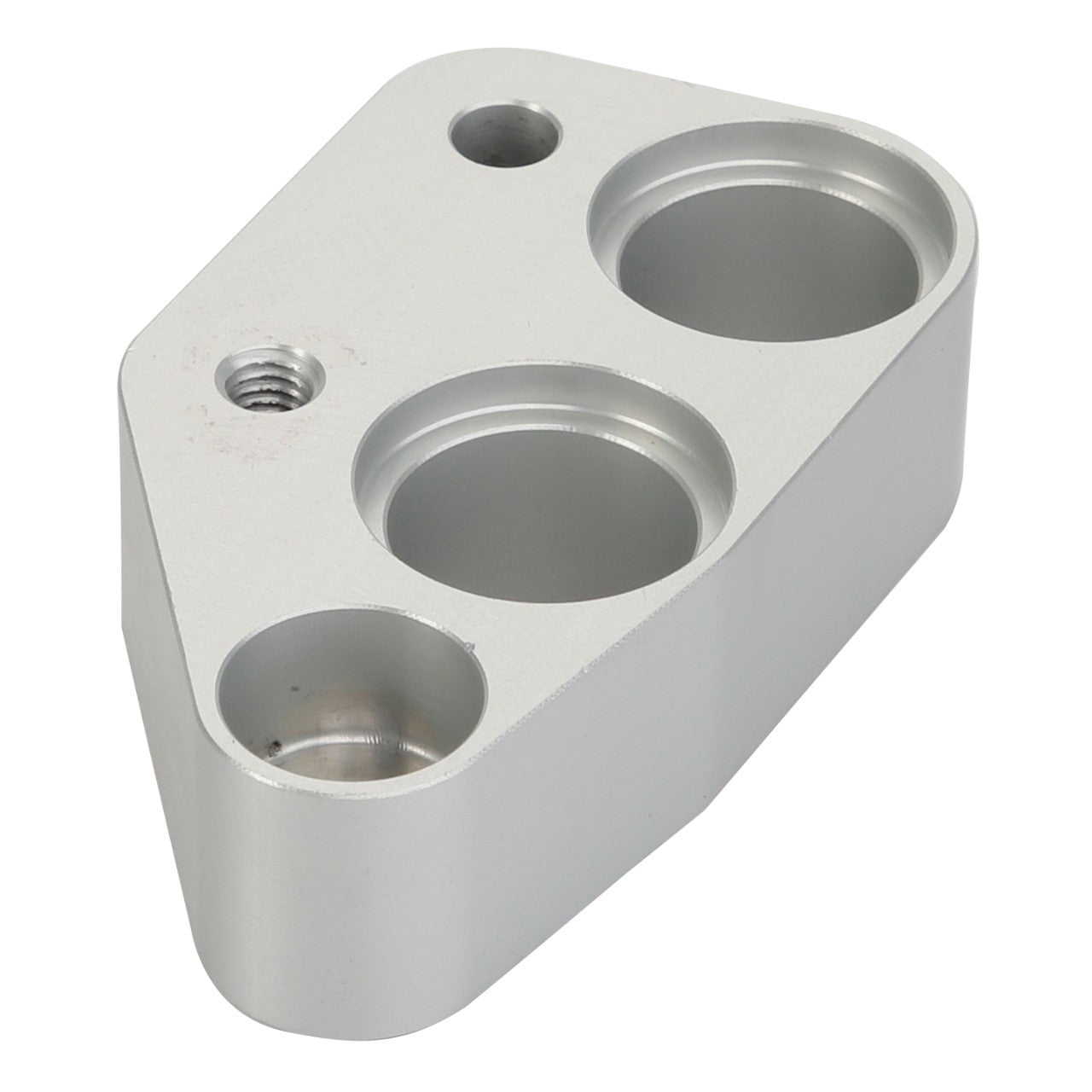 The AGCO Spacer - Acx2416060 from the brand AGCO is a sleek, metallic component with a geometric shape, featuring three circular indentations and one threaded hole.