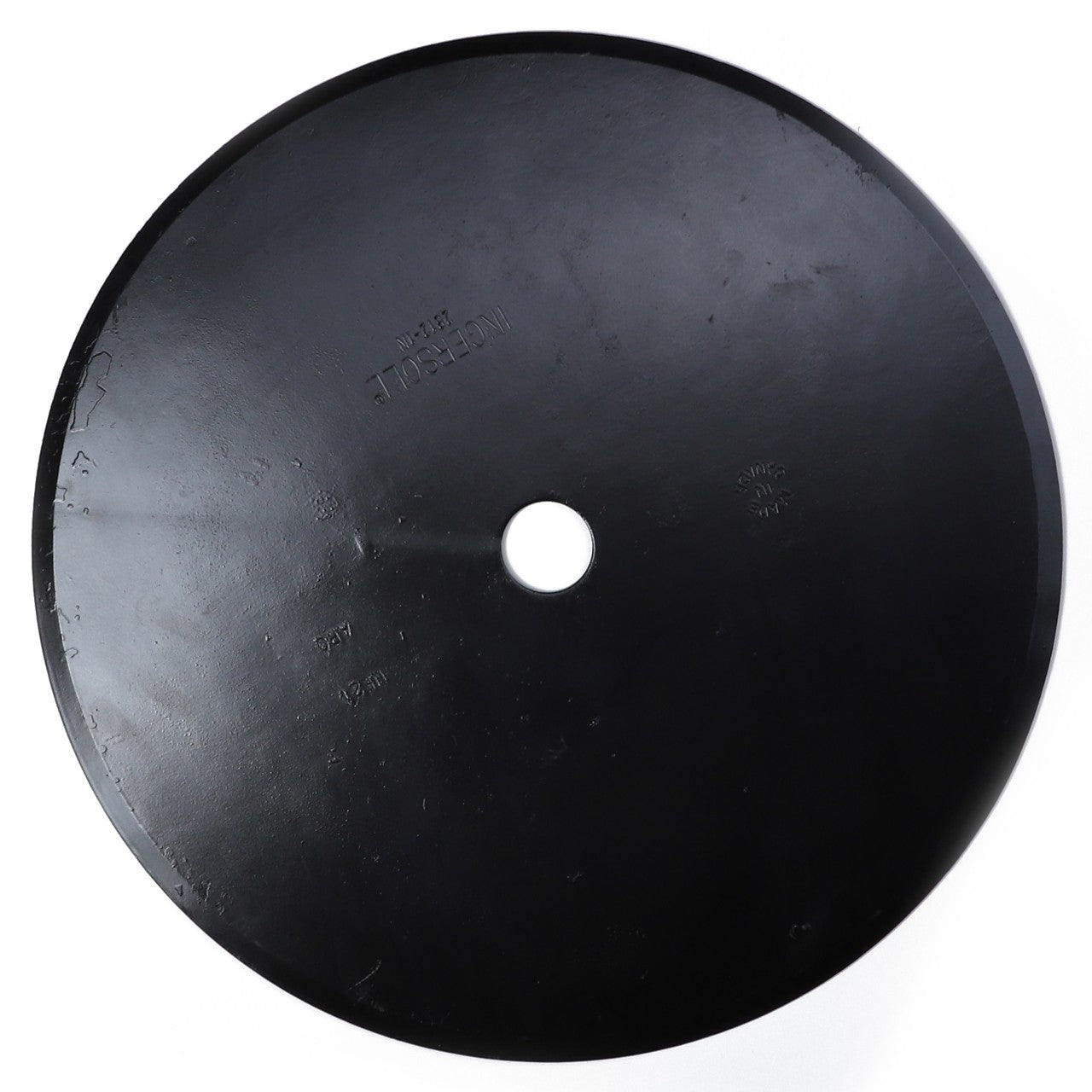 A black, circular weight plate with a central hole. The product description of the AGCO BLADE - SN2812-1N notes that the plate surface features text and markings.