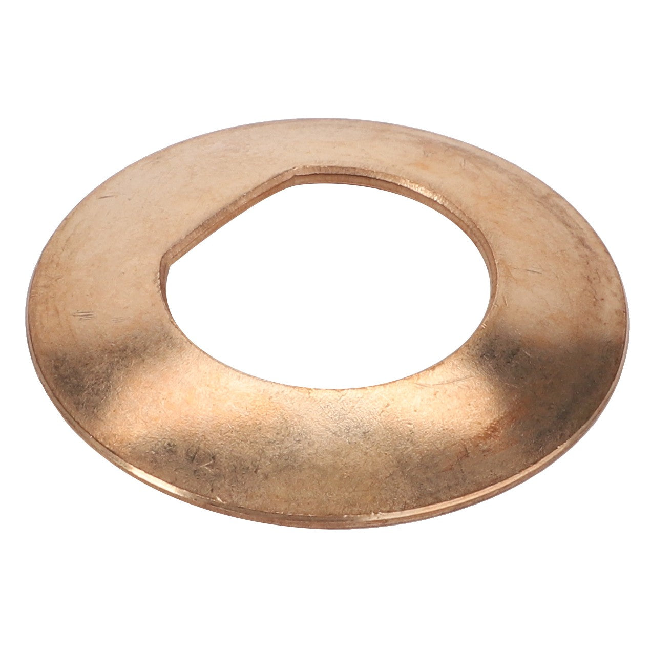 The AGCO Thrust Washer - F339300020580 is a brass conical washer with a partially flattened side, expertly designed to effectively distribute the load of a threaded fastener.