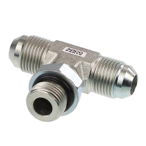 Introducing the AGCO | TEE - AG551120, a metal T-shaped hydraulic fitting from the trusted brand AGCO. This fitting features connectors on all three ends, with one end equipped with a black ring gasket for a secure seal. It also has a small white label with text for identification purposes. Unfortunately, we currently do not have additional product description information available for this item.