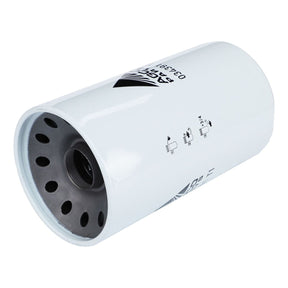 The AGCO Hydraulic Filter Spin On - 034391T1, a cylindrical white filter with a metal interior and several small holes on one end, features printed text and symbols on the exterior to help ensure cleaner fuel and extend component life.