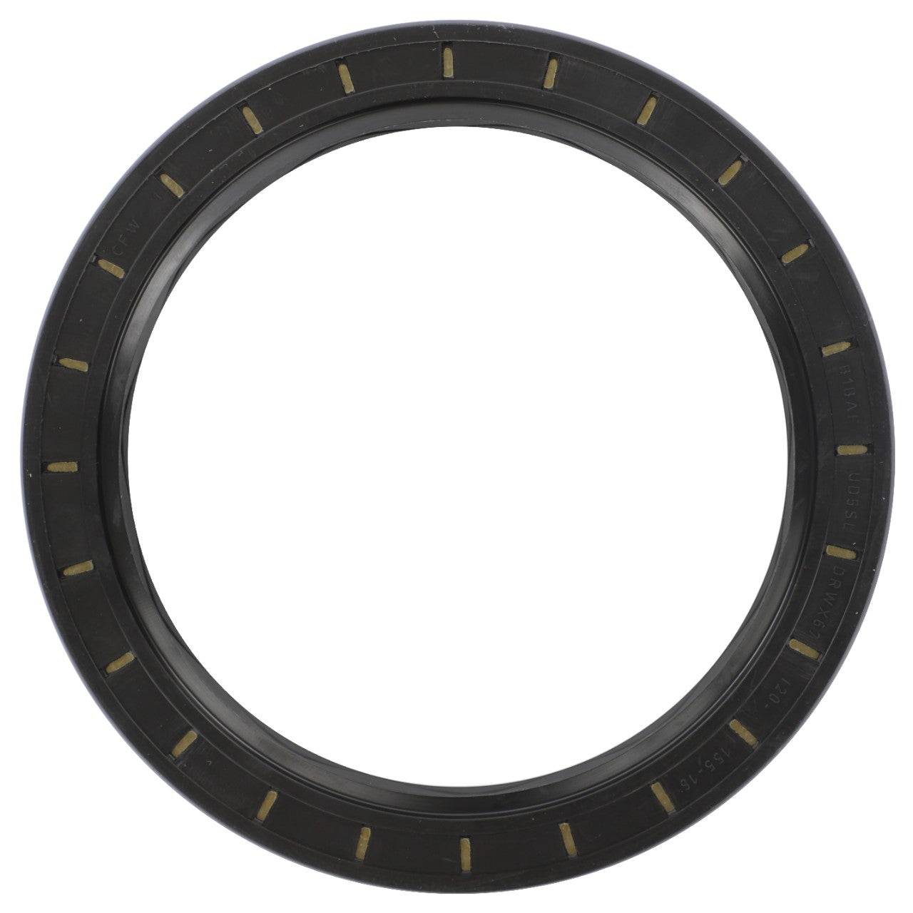 The AGCO Shaft Seal - X550182100000 is a circular black rubber oil seal featuring yellow markings evenly spaced around the inner perimeter and providing exceptional protection against premature wear.