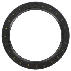 The AGCO Shaft Seal - X550182100000 is a circular black rubber oil seal featuring yellow markings evenly spaced around the inner perimeter and providing exceptional protection against premature wear.